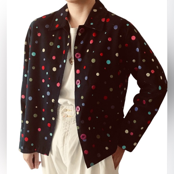 Vintage Studio Works Womens Jacket Black Embroidered Colorful Polka Dots. Size M - Picture 1 of 8